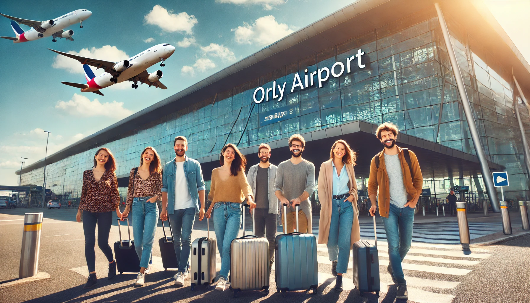 Entrée principale de l'aéroport d'Orly, montrant des voyageurs souriants de diverses origines tirant leurs valises.