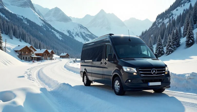 Un luxueux van noir avec des vitres teintées roule sur une route sinueuse dans les Alpes enneigées. Le paysage est spectaculaire, avec de hauts sommets enneigés en arrière-plan et une lumière dorée du lever du soleil illuminant la scène. Le véhicule est propre et élégant, avec des jantes brillantes et un logo discret sur la portière. À travers la neige, on aperçoit une station de ski en contrebas, avec quelques chalets en bois typiques des montagnes. L’ambiance est paisible et haut de gamme, reflétant un service de transport premium