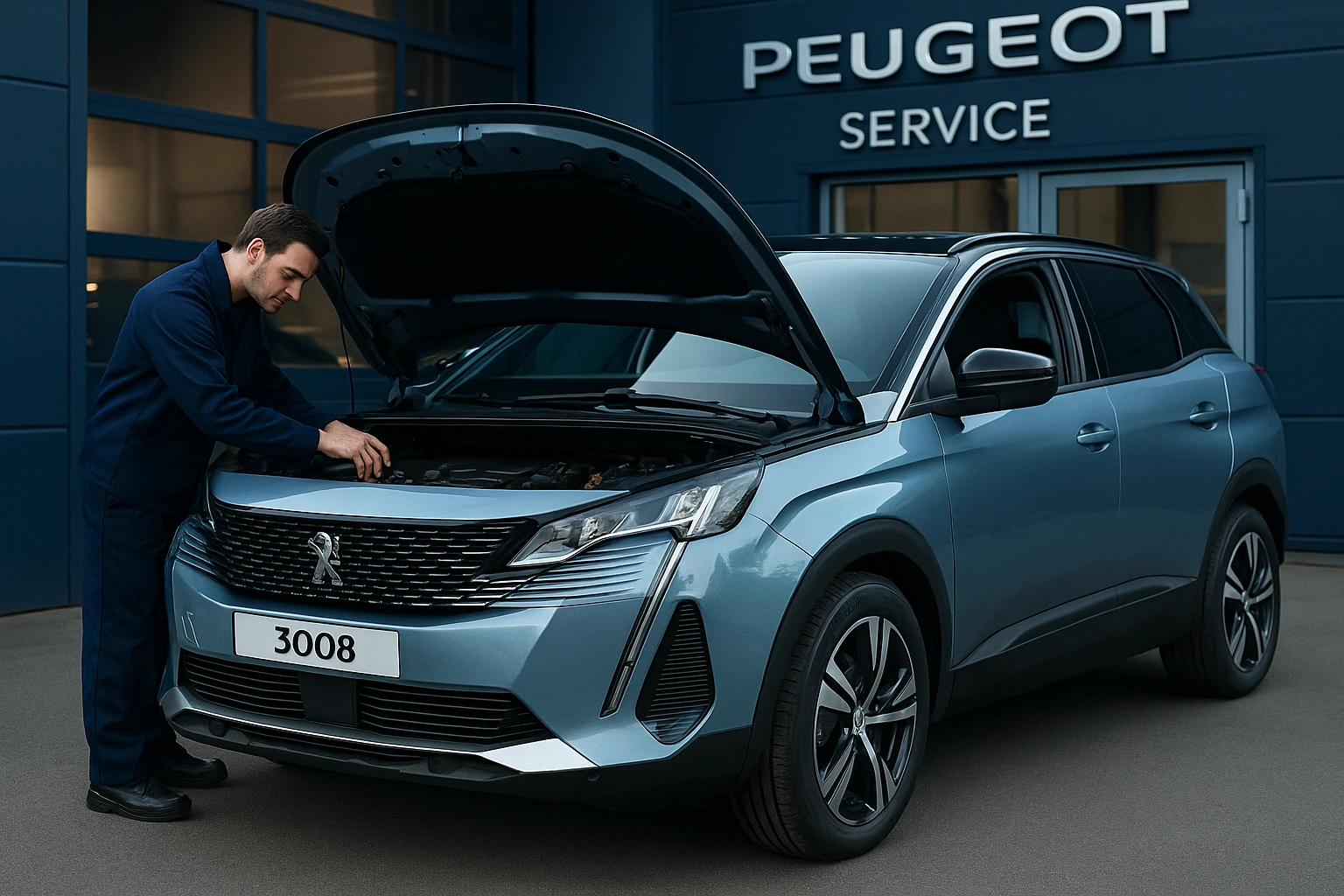 Mécanicien examinant le moteur d’une Peugeot 3008 stationnée devant un centre de service Peugeot dans un cadre professionnel